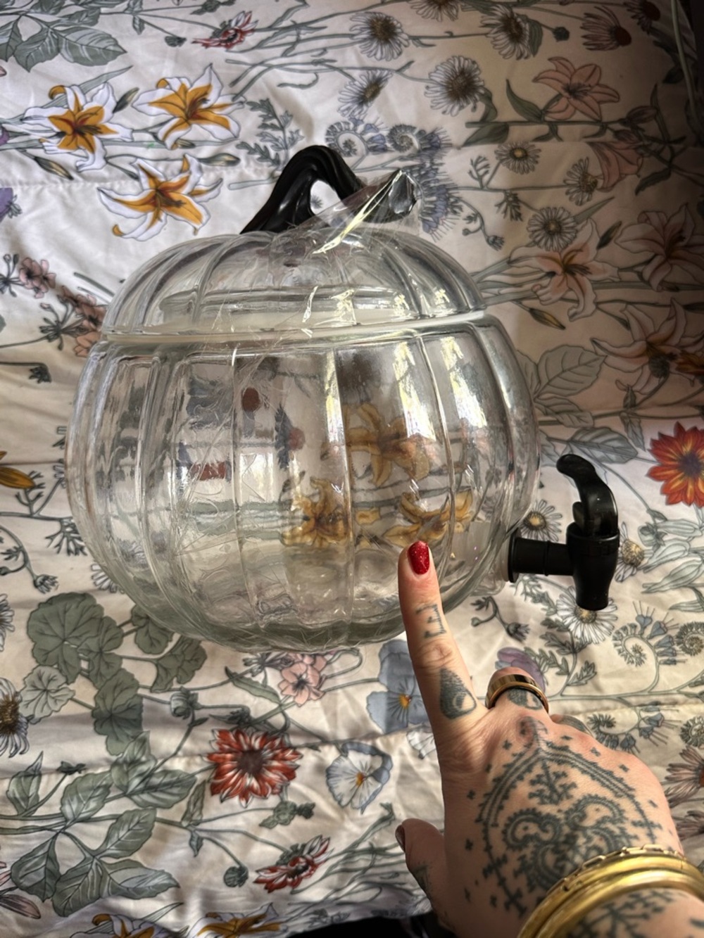 Clear Glass Pumpkin Beverage Dispenser with Black Spigot